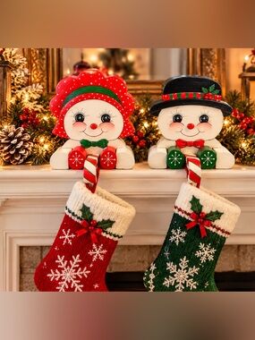 Vintage Wood Snowman Couple Stocking Holders Christmas Mantel Decor Set of 2